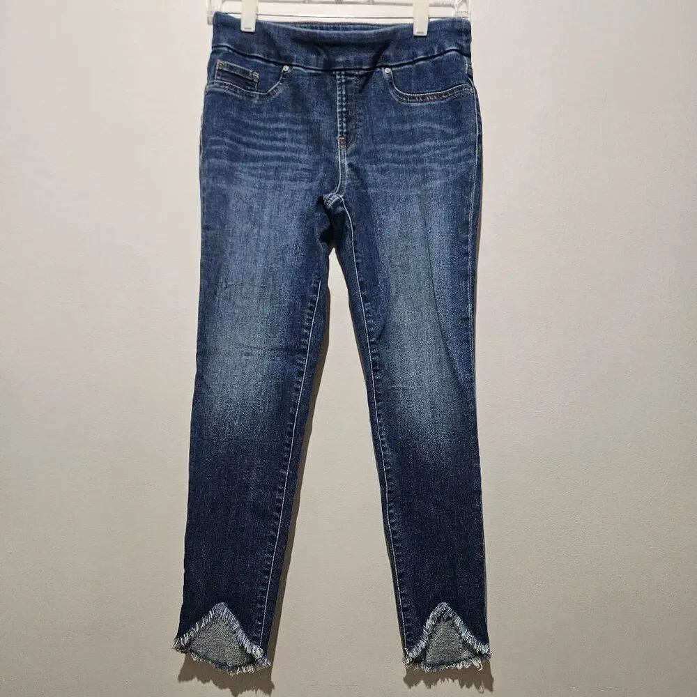 Chicos Denim Jeggings Womens Size 0R Pull On Tulip Frayed Hem Mid Rise Ankle